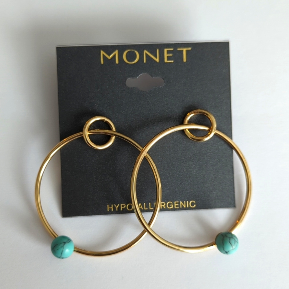 NWT - Monet Worthington Stud Hoop Dangle Earrings - Faux Turquoise